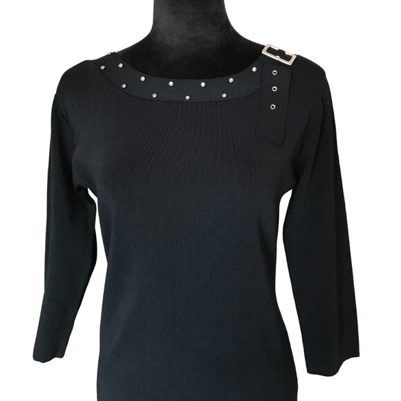 Joseph A. Viscose Blend Sweater: Vintage, Jeweled Buckle Embellishment Black S/M - Picture 4 of 8